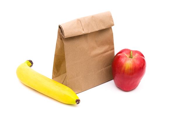 Banana, Apple, and Brown Paper Lunch Bag