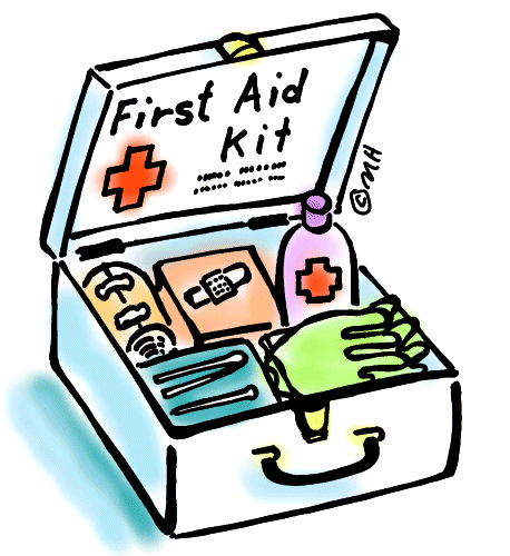 Clip art of an open first aid kit filled with different medical supplies